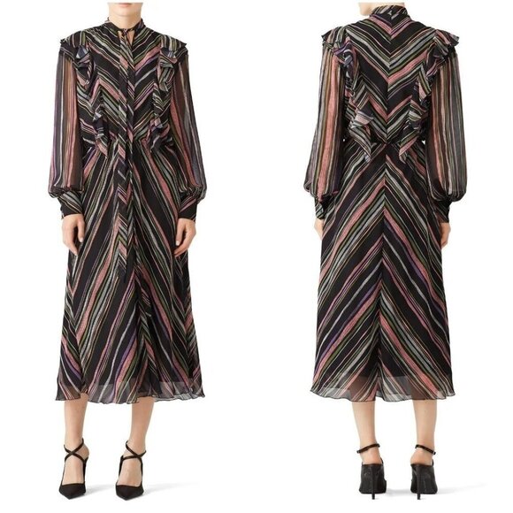 Giamba Black Stripe Ruffle Blouson Midi Dress $1335 - Picture 1 of 15